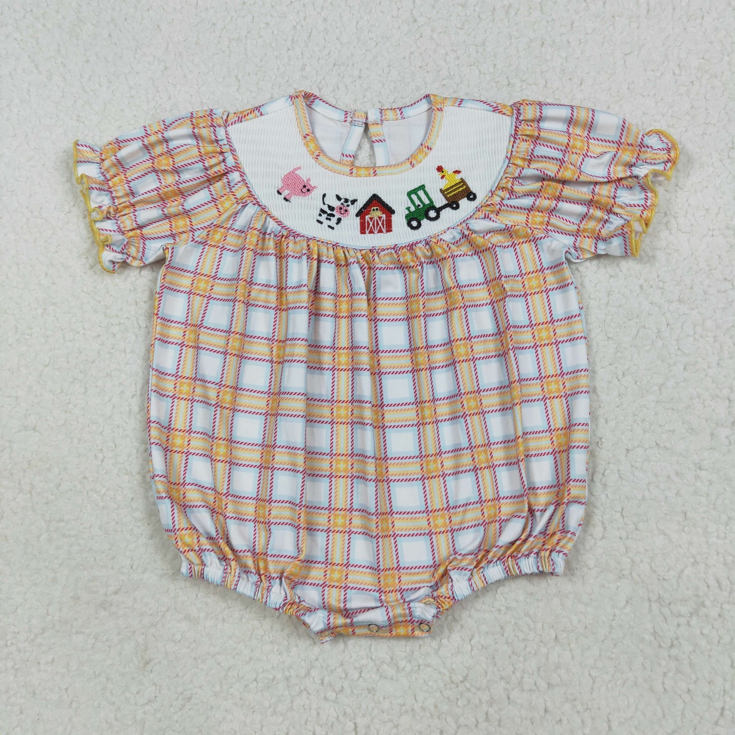 SR2982 Smocked Baby girls khaki farm animals rompers