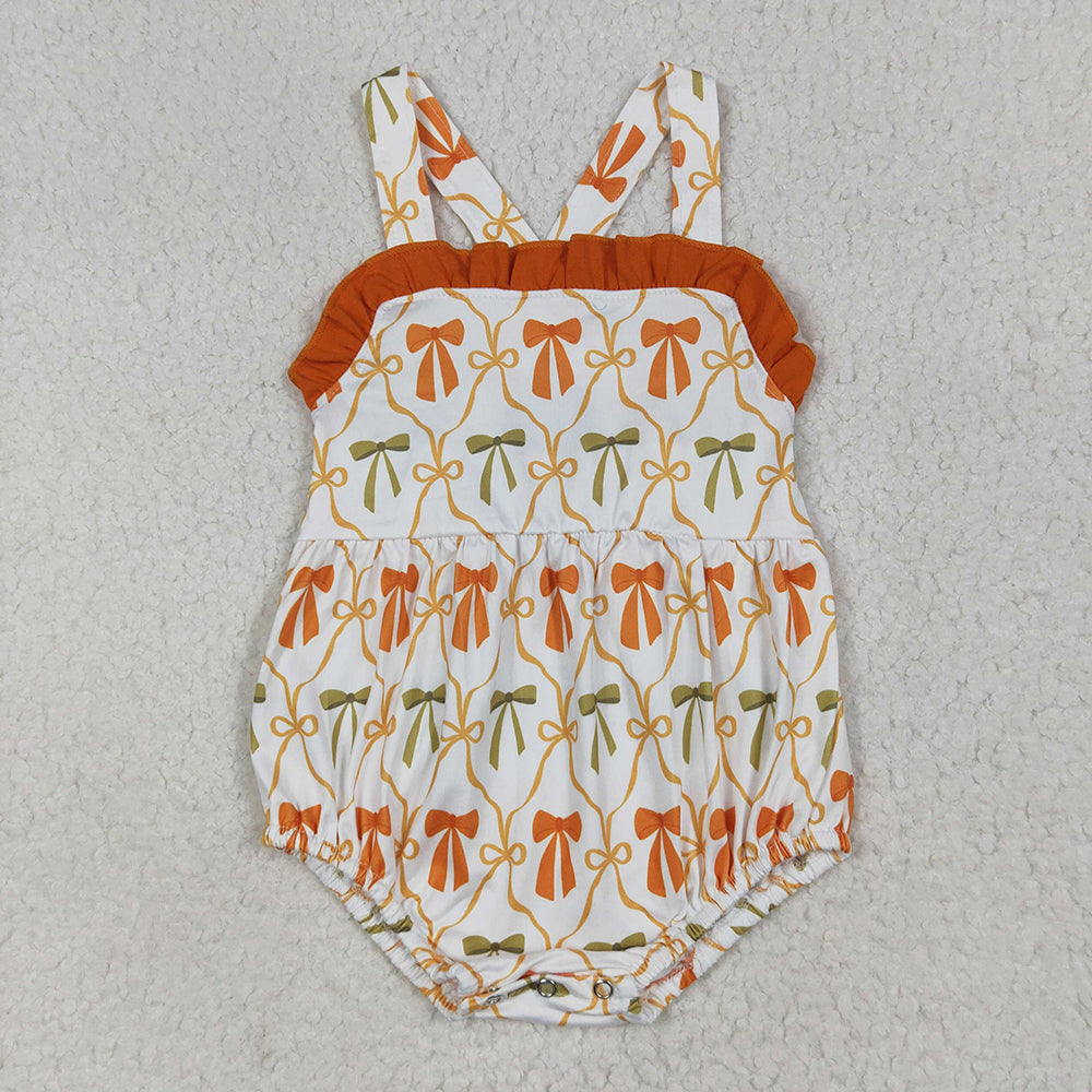 SR3148baby girls orange green bows straps rompers