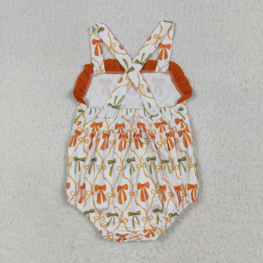 SR3148baby girls orange green bows straps rompers