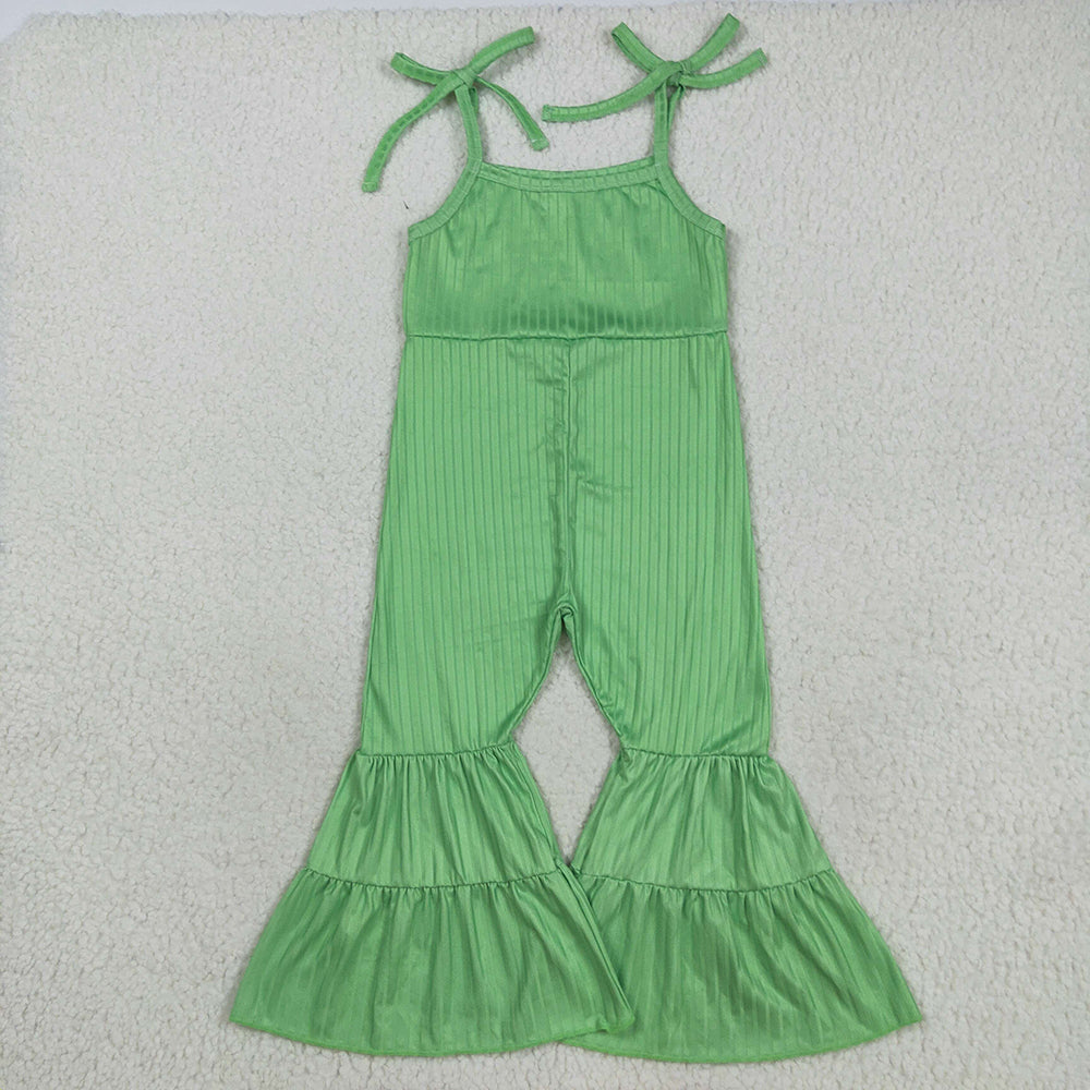 SR3160 Baby Girls Green Strap Bell Bottom Ribbed Jumpsuits