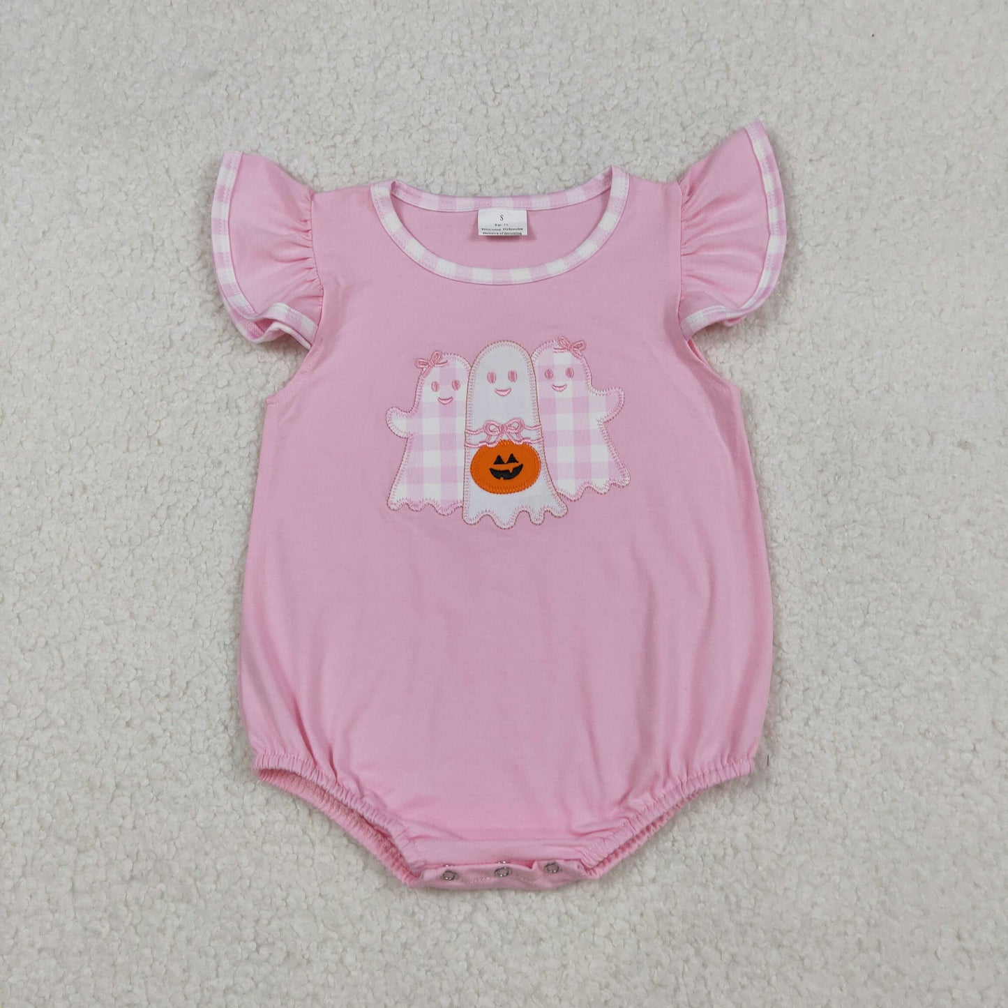SR3196 Baby Girls Pink Flutter Sleeve Embroidery Ghost Pumpkins Halloween Ruffle Rompers