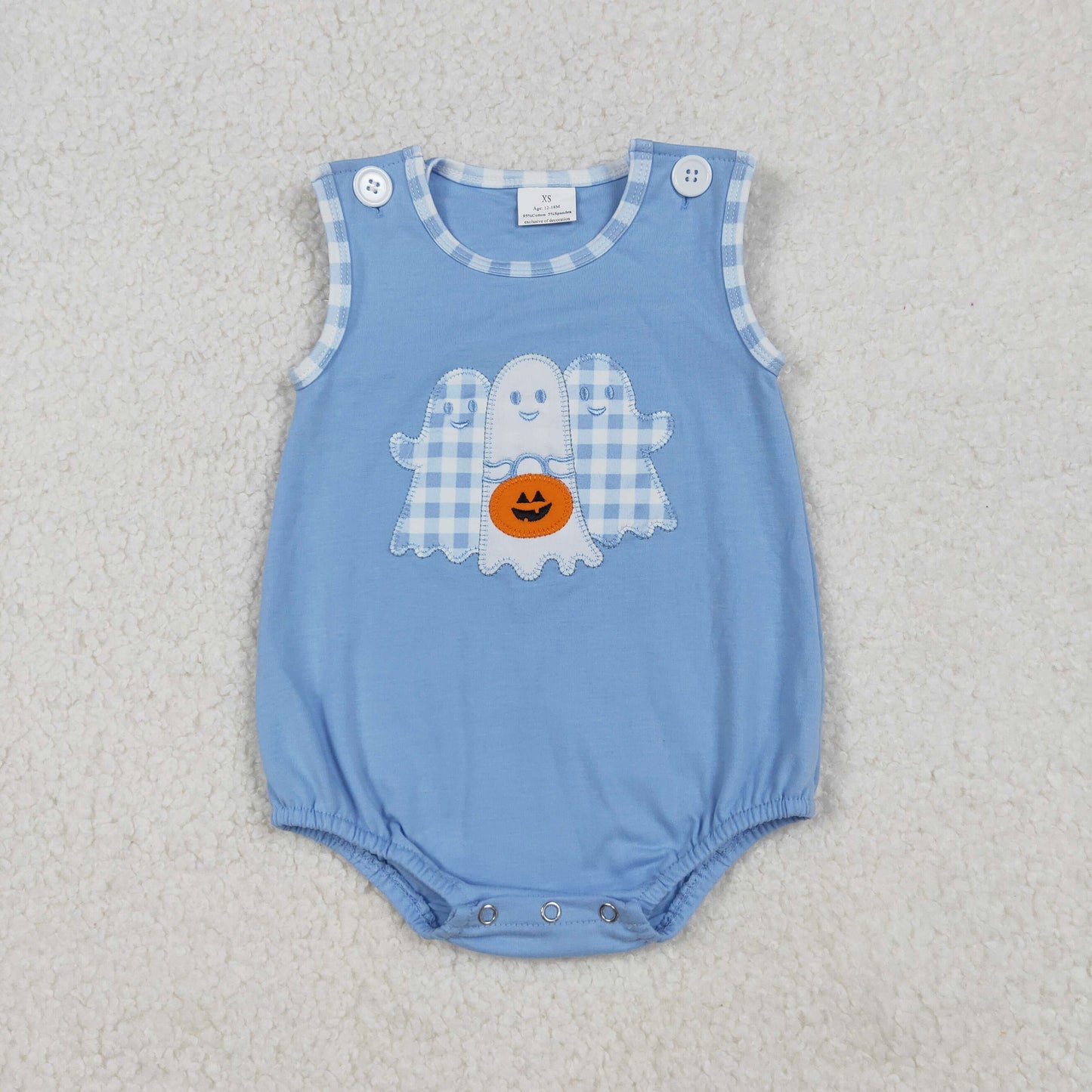 SR3197 Baby Boys Blue Sleeveless Embroidery Ghost Pumpkins Halloween Rompers