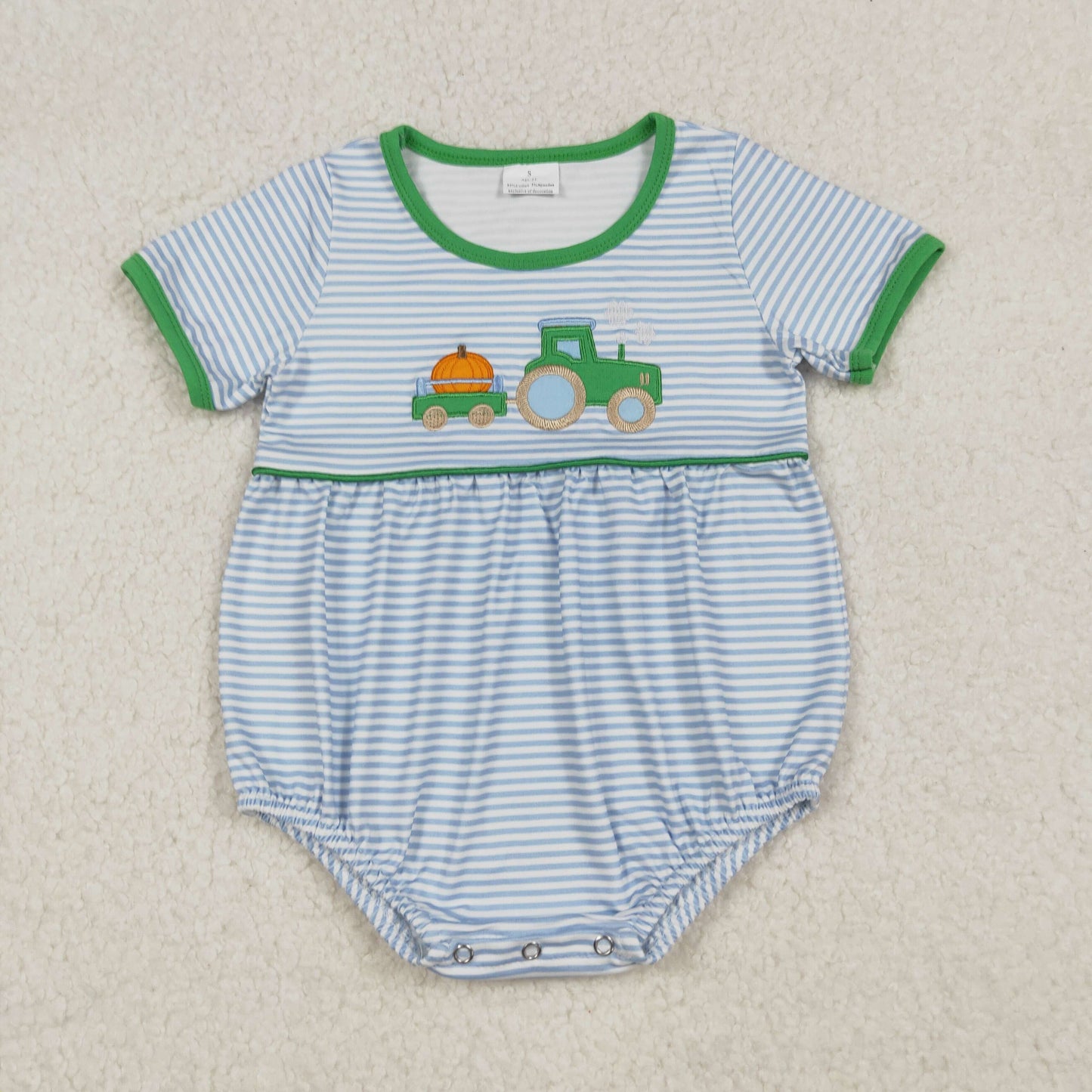 SR3201 Baby Boys Green Stripe Embroidery Truck Pumpkins Fall Rompers