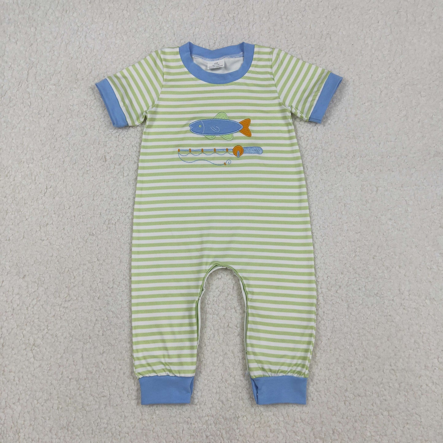 SR3329 Baby Boys Green Stripe Embroidery Fishing Hunting Footie Rompers