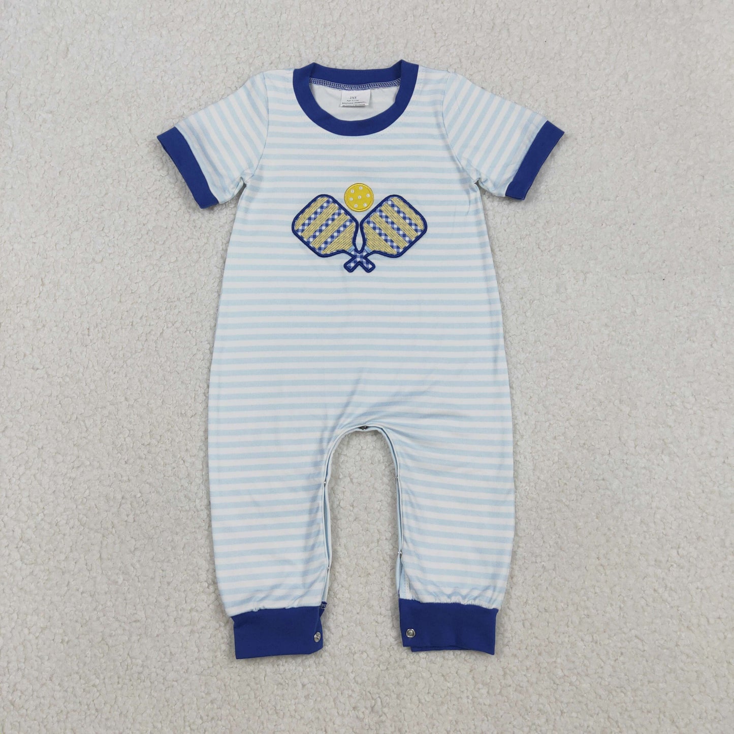 SR3331 Baby Boys Blue Stripe Embroidery Tennis Ball Team Footie Rompers