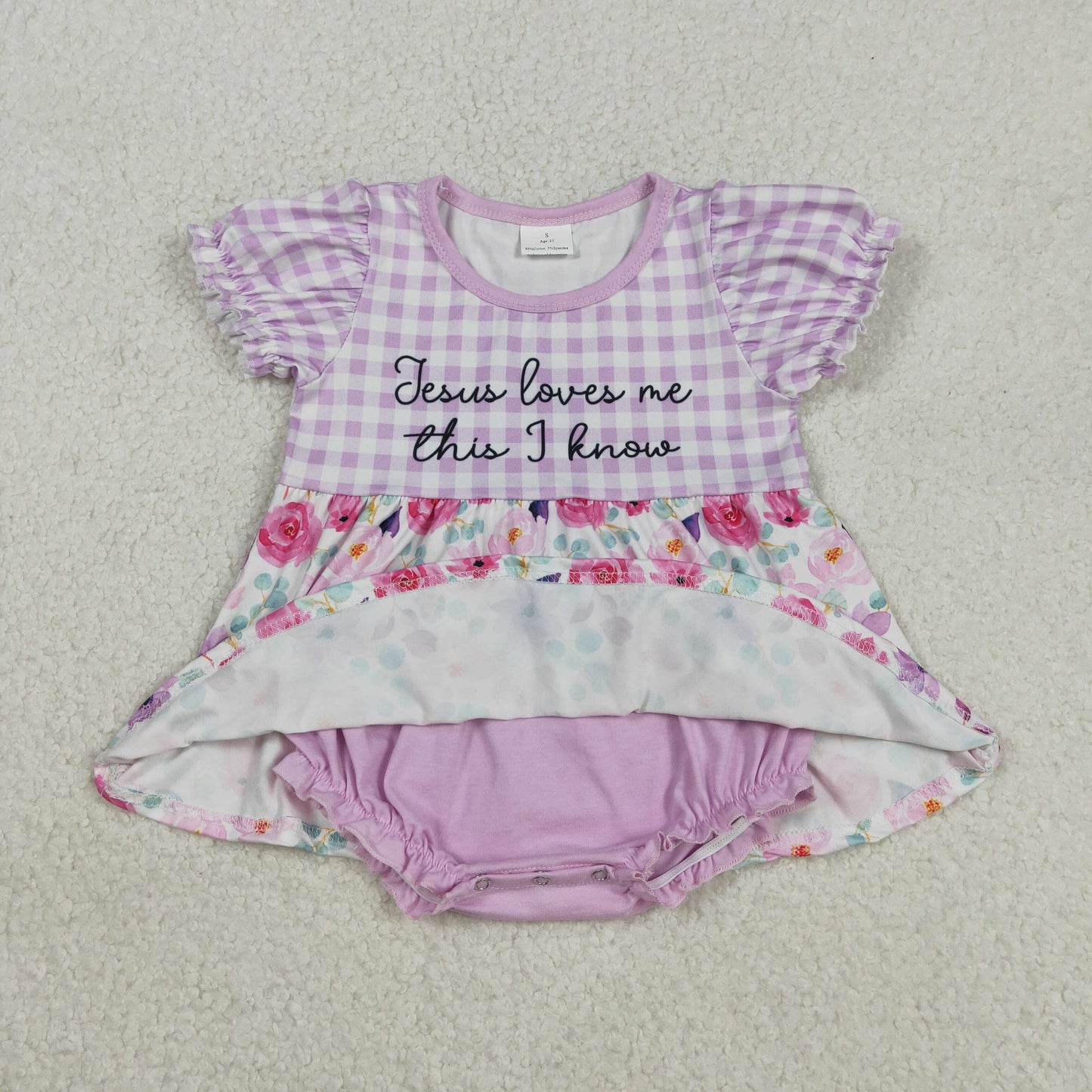 SR3343 Baby Girls Pink Flowers Checked Jesus Loves Me Tunic Bummies Ruffle Rompers