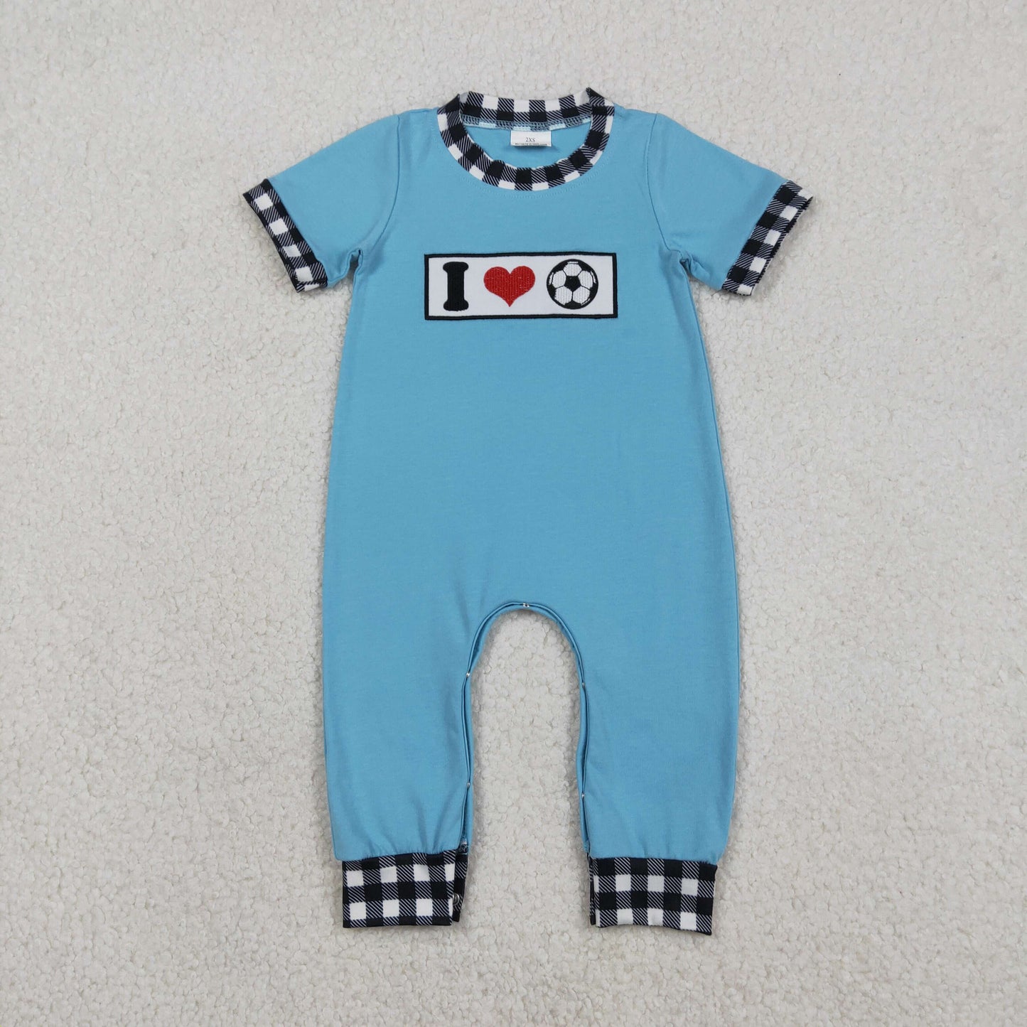 SR3369 Baby Boys Short Sleeve Embroidery I Love Footballs Team Footie Rompers