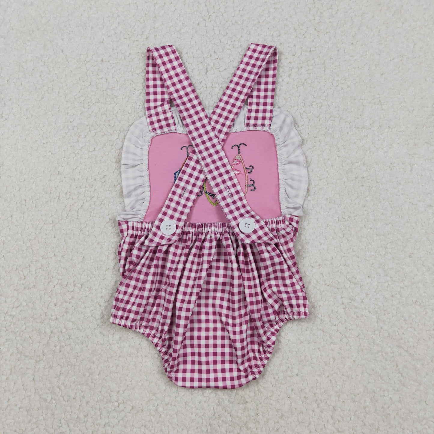 SR3414 Baby Girls Pink Checked Strap Embroidery Fishing Hunting Ruffle Rompers