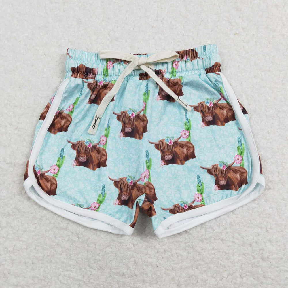 girls green highland cow cactus shorts SS0123