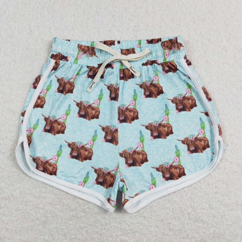 SS0128 adult women blue highland cow shorts