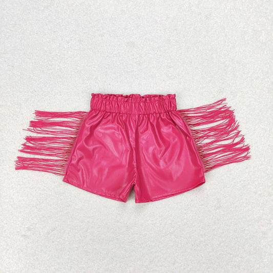 girls hot pink tassel leather shorts SS0223