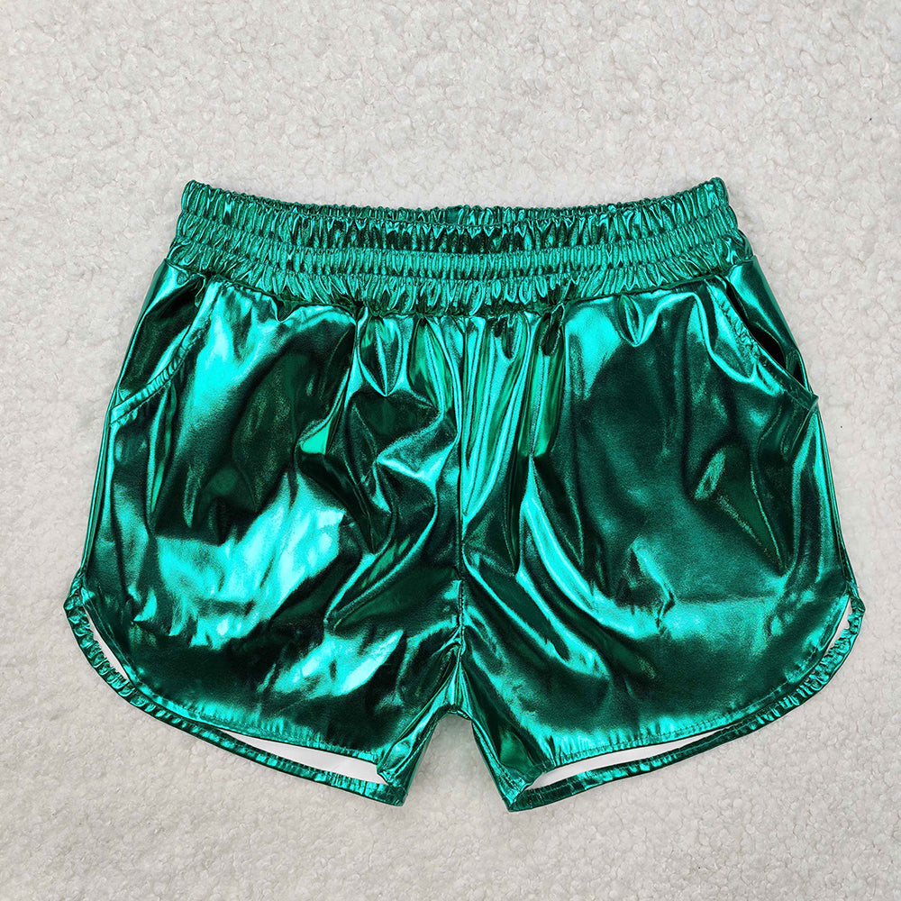 SS0410 Baby Girls Green cheer metallic shorts