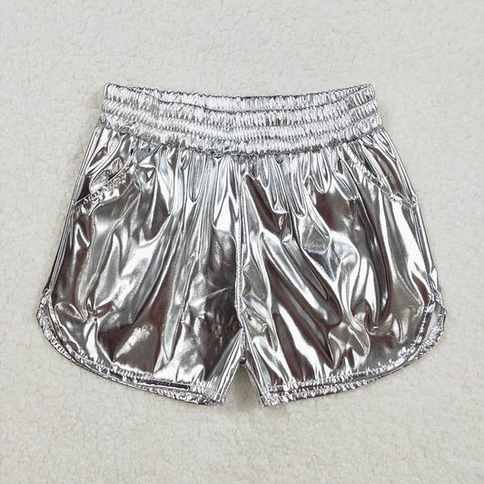 SS0416 Baby Girls silver cheer metallic shorts