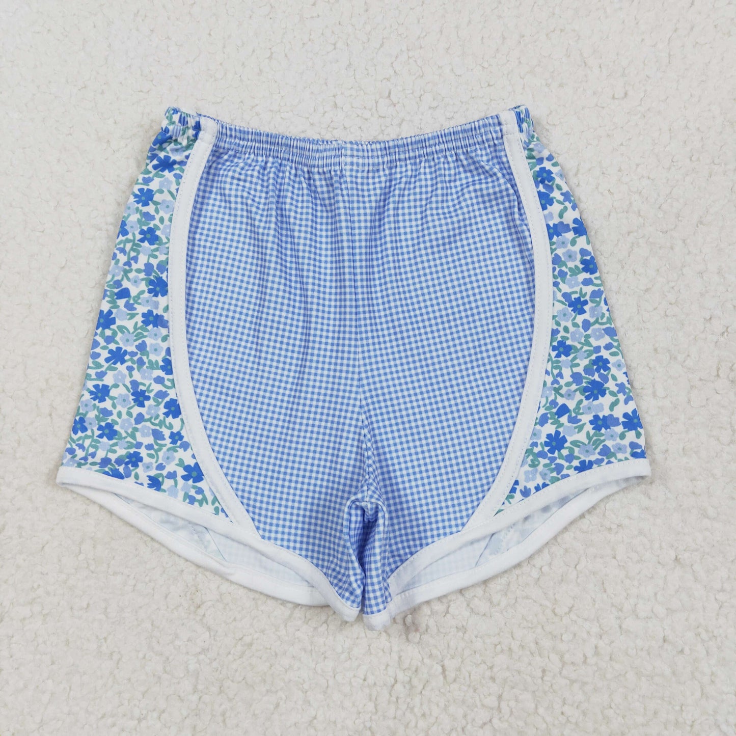 SS0519 Baby Girls Blue Checkered Flowers Sports Shorts