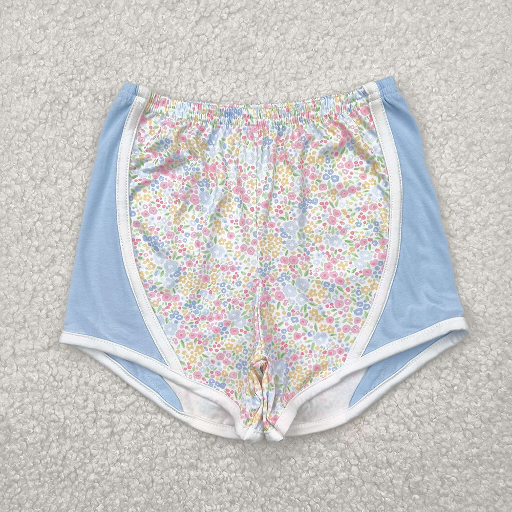 SS0522 Baby Girls blue Flowers checkered Sports Shorts