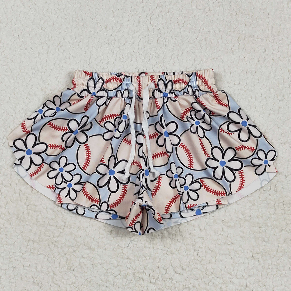 SS0581 Baby Girls Baseball Flowers Waistband Ruffle Shorts