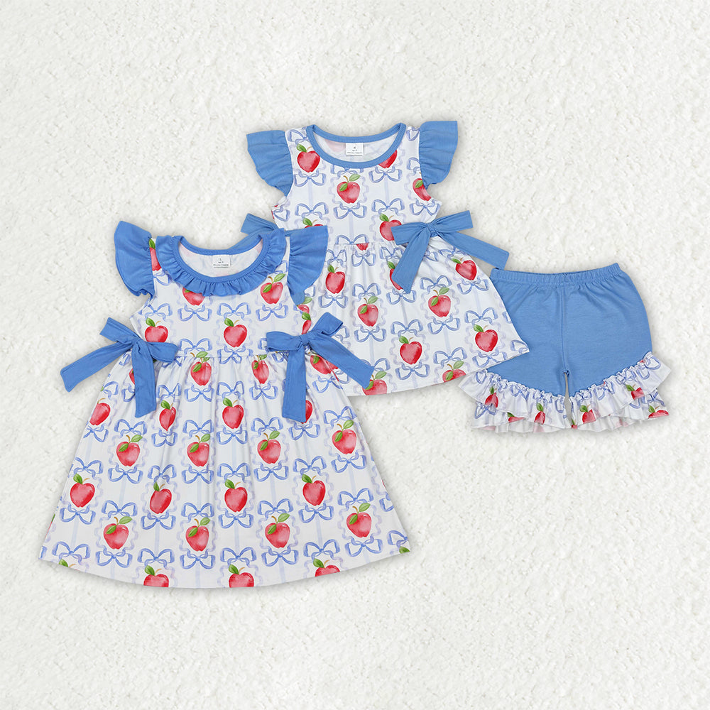 Sibling Baby Girls Apple Bows Dresses Outfits Sets