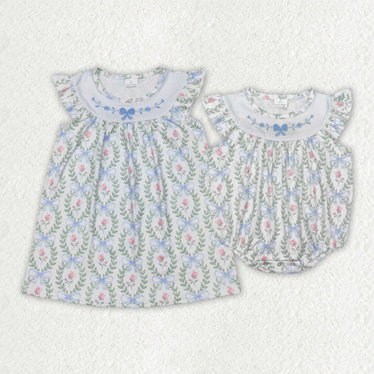 Sibling Embroidery Baby Girls Spring Bows Leaves Rompers Dresses