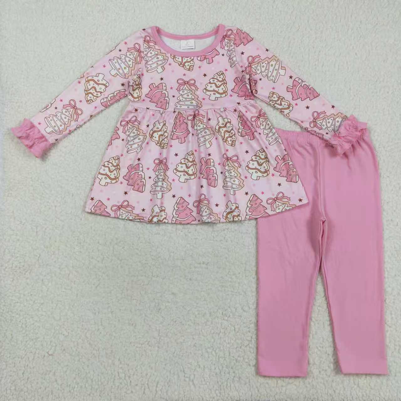 Sibling Baby Girls Pink Bows Stripe Trees Christmas Clothes Sets Rompers Knee Length Dresses