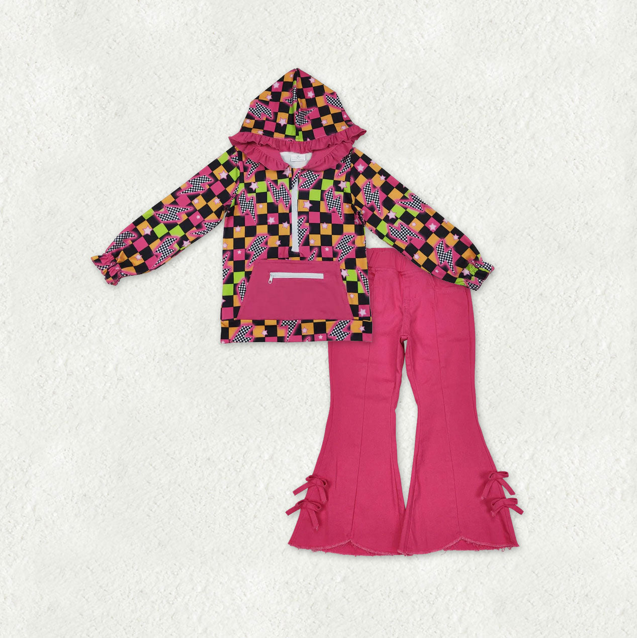 Baby Girls Checked Stars Lightning Zip Pocket Hoodies Denim Bell Bottom Pants Clothes Sets