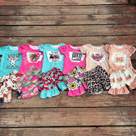 Sibling Baby girls cowgirls summer shirts shorts western outfits sets