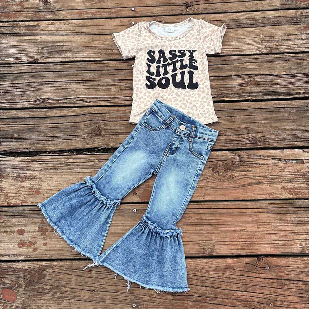 Sassy Little Soul Leopard Shirt Bell Bottom Jeans Sets
