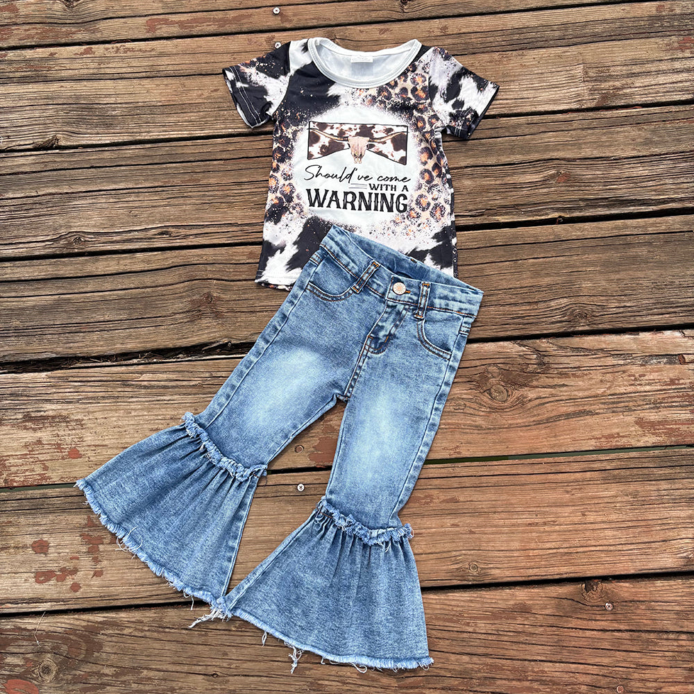Western Warning Leopard Shirt Bell Bottom Jeans Sets
