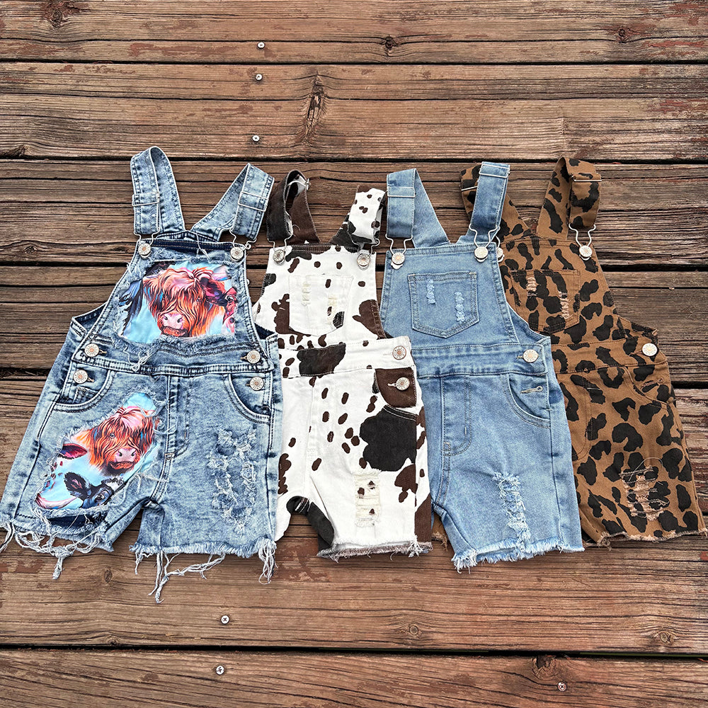 Sibling Baby Kids Western Denim Cow Bib Overall Jumpsuits
