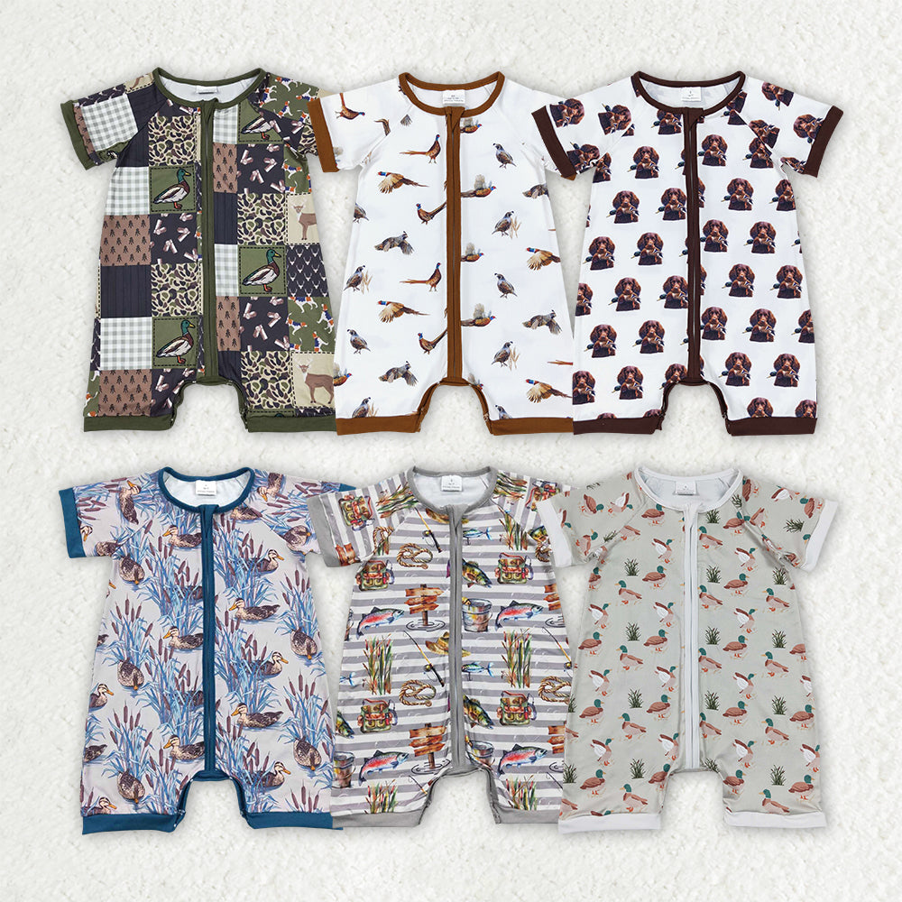 Sibling Baby Boys Hunting Duck Short Sleeve Zip Rompers