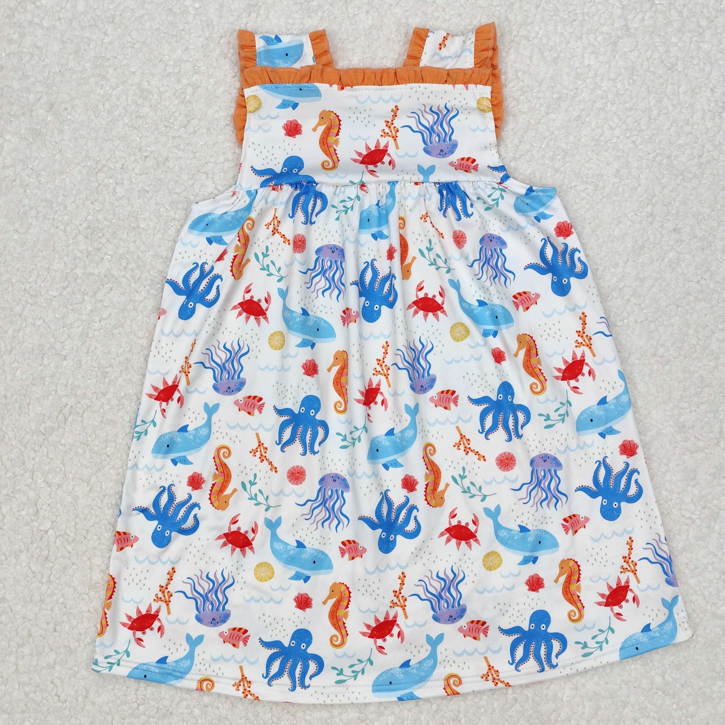 Sibling Baby Kids Orange Pocket Top Sea Animals Shorts Clothes Sets Knee Length Dresses