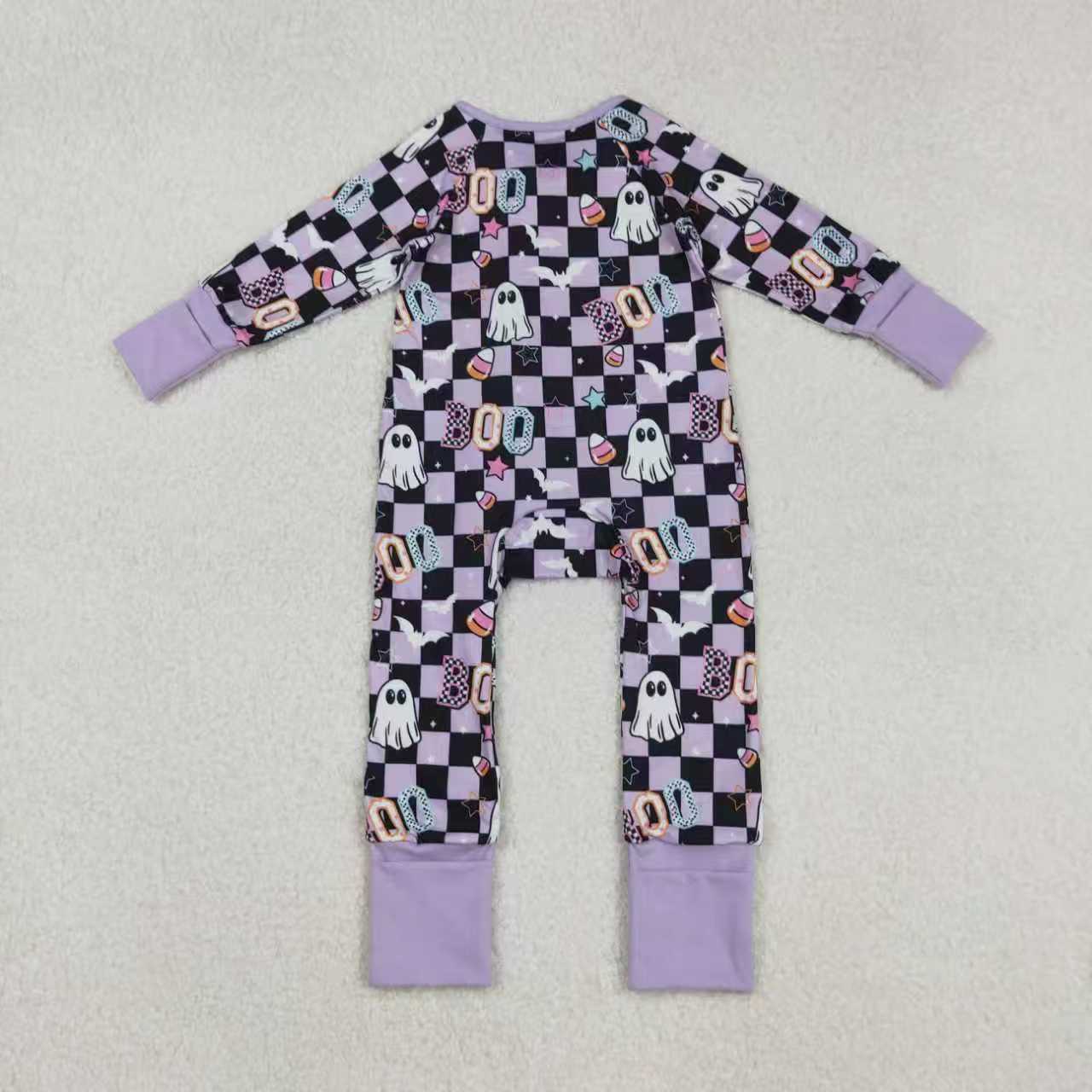 Sibling Baby Girls Black Lavender Checked Ghosts Halloween Pajamas Sets Zipper Footie Rompers
