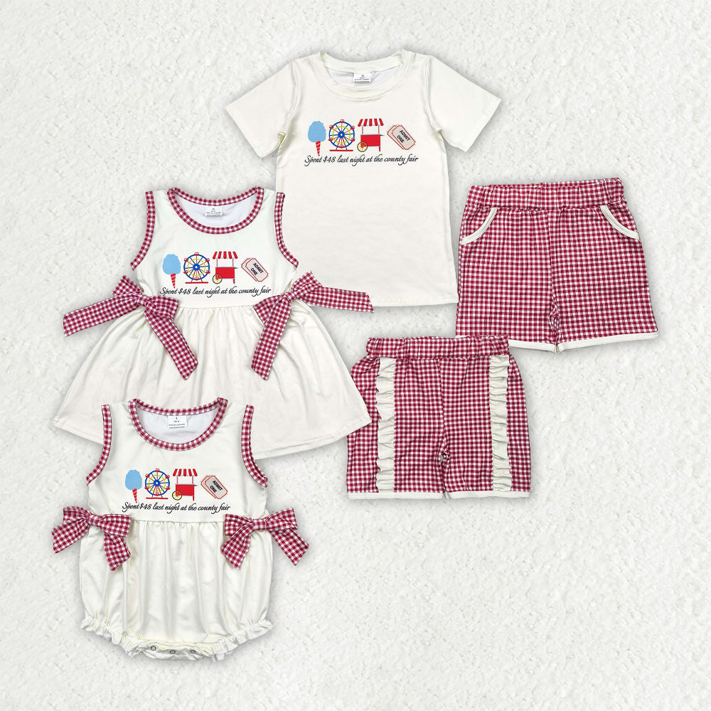 Sibling Baby Kids Ice Cream Store Top Red Plaid Pockets Shorts Sets Rompers