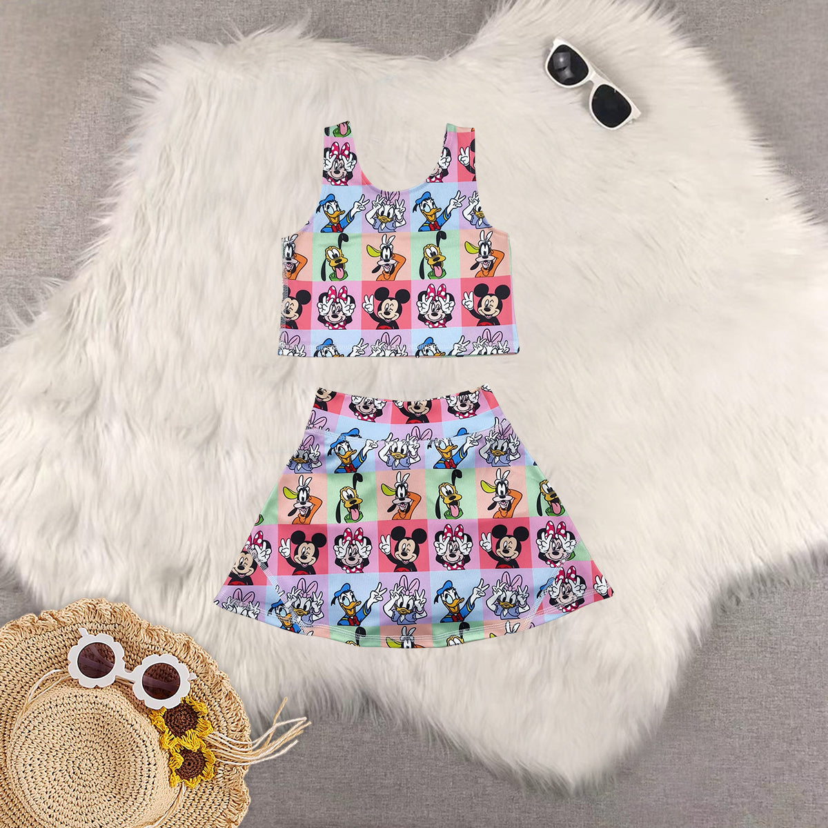 Sibling Baby Girls Cartoon Mouse Ducks Top Skorts Yoga Activity Wear Sets