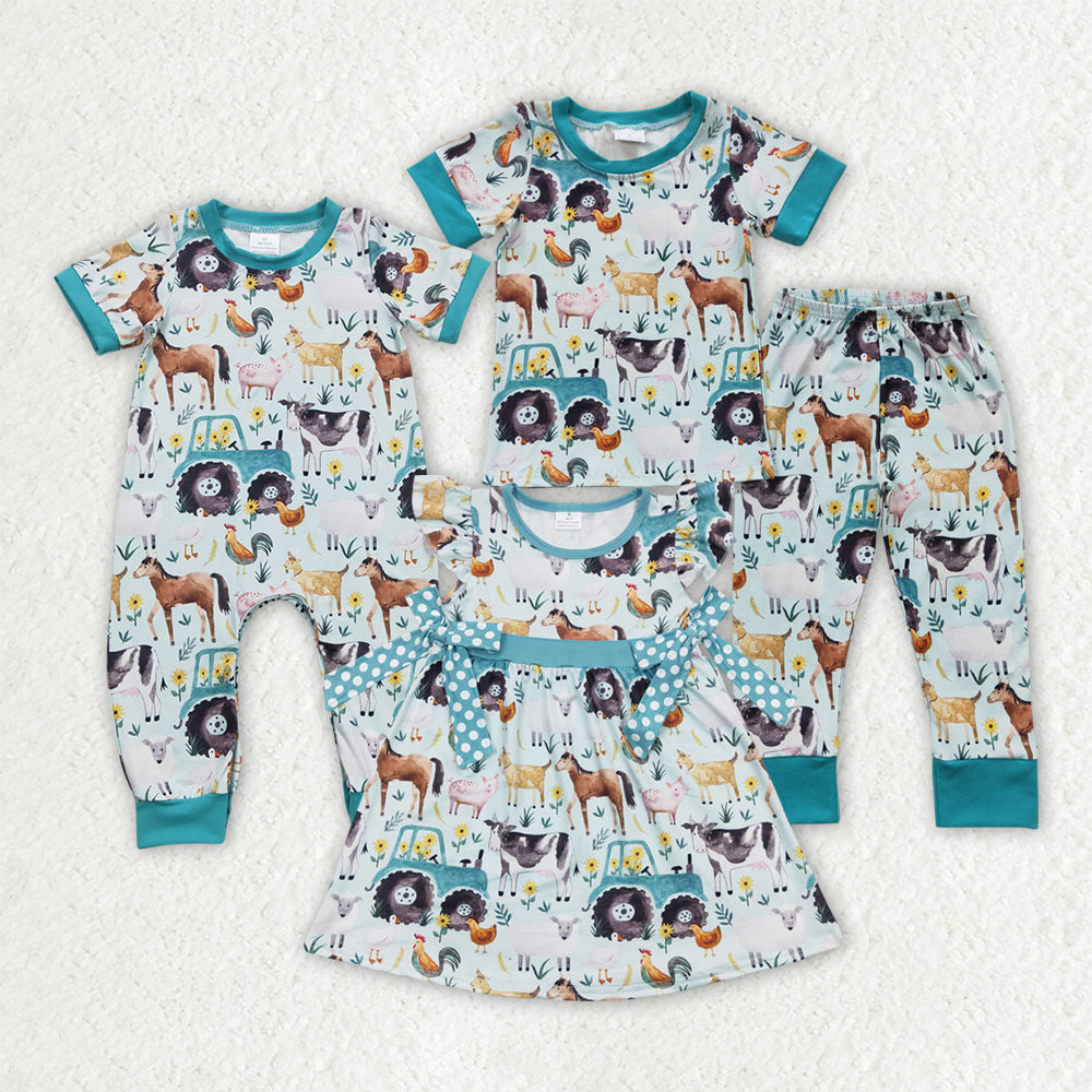Sibling Baby Kids Short Sleeve Farm Pajamas Rompers Dresses