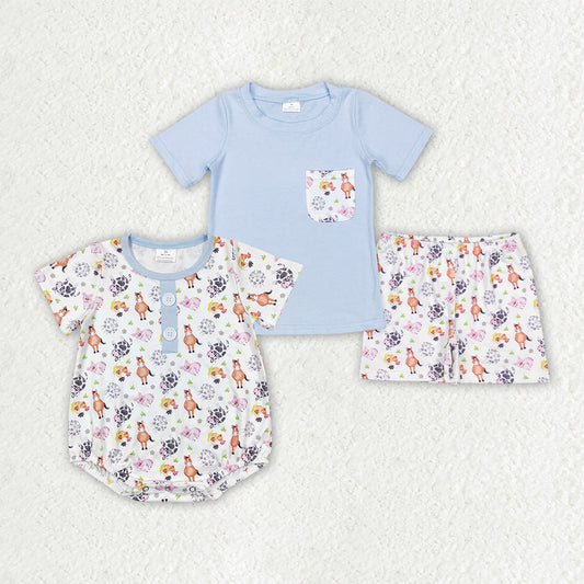 Sibling Baby Boys Cows Horse Blue Farm Rompers Outfits