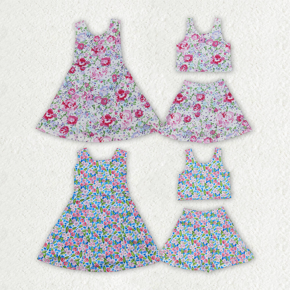 Sibling Baby Girls Flowers Sleeveless Athletic Skorts Sets Dresses