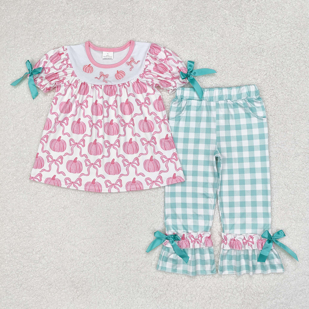 GSSO1627 Baby girls pink bows pumpkins embroidery tunic ruffle pants outfits sets