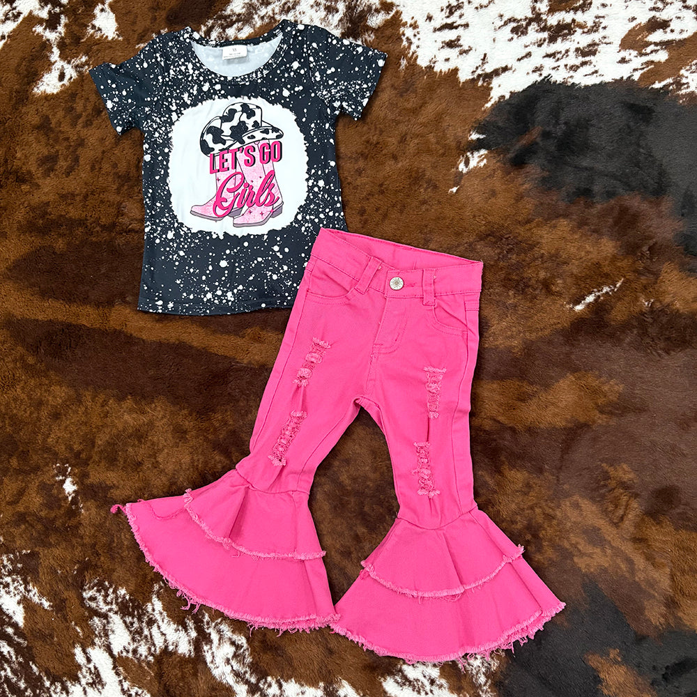 Western Let's Go Boots Shirt Pink Bell Bottom Jeans Sets