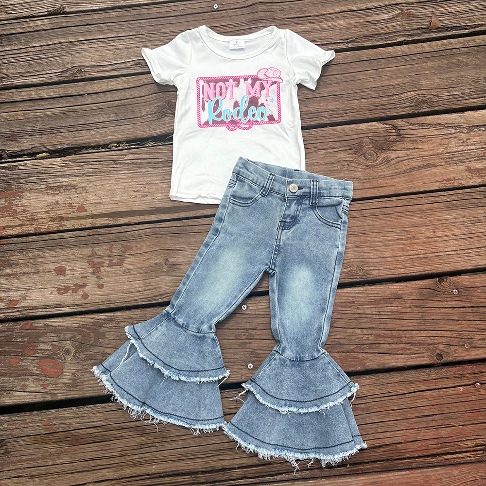 Western Not My Rodeo Shirt Bleached Bell Bottom Jeans Sets