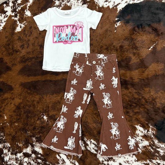 Western Not My Rodeo Shirt Brown Bell Bottom Jeans Sets