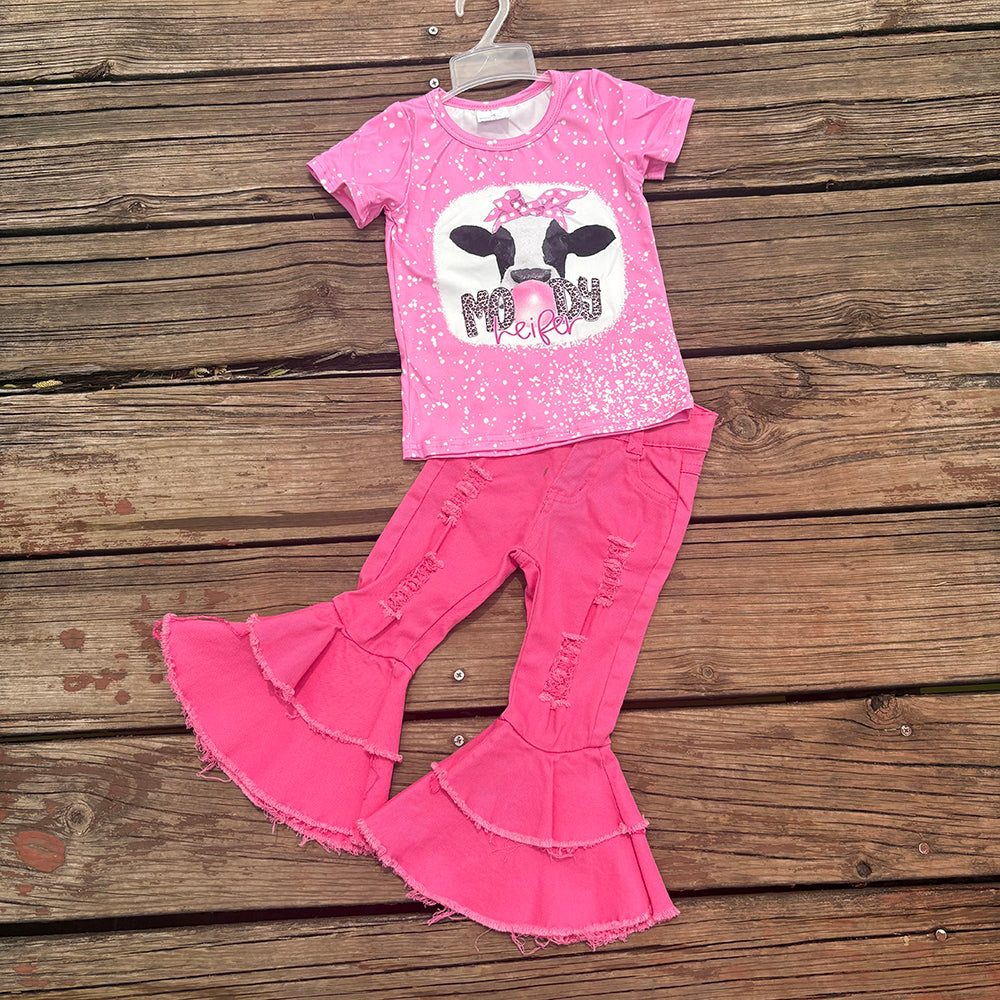 Western Moody Cow Shirt Bell Bottom Jeans Sets