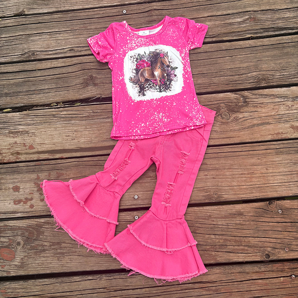 Western Horse Rodeo Shirt Pink Bell Bottom Jeans Sets
