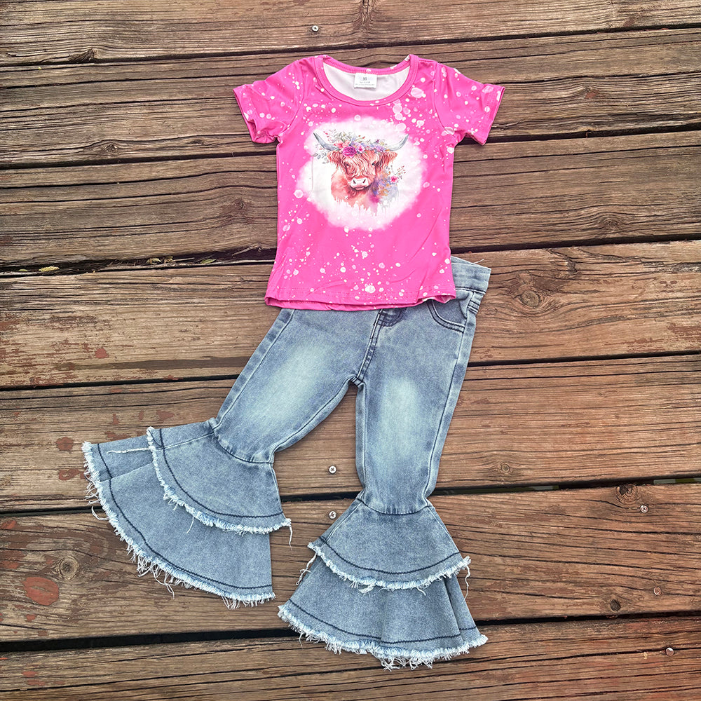 Western Flowers Cow Shirt Bell Bottom Jeans Sets