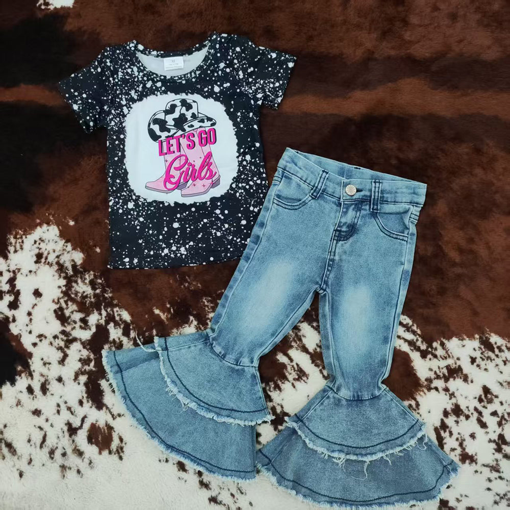 Western Let's Go Hats Shirt Bell Bottom Jeans Sets