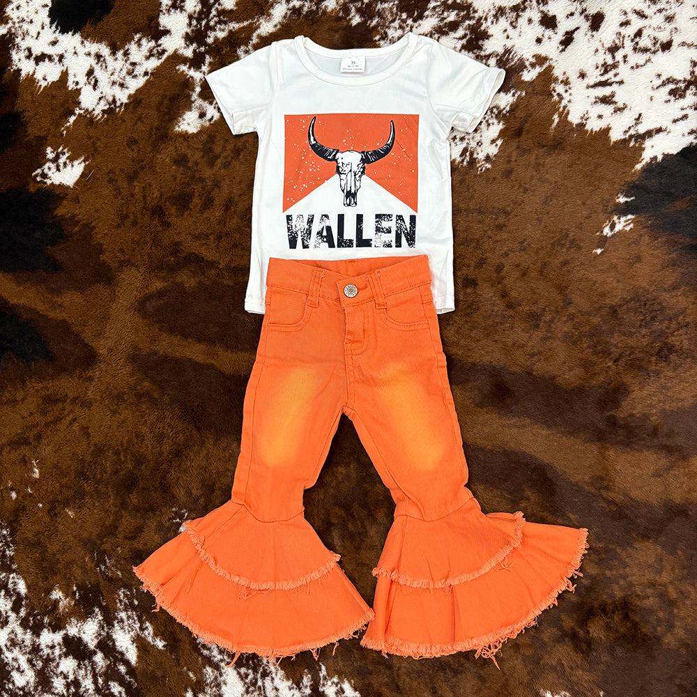 Western Wallen Shirt Orange Bell Bottom Jeans Sets