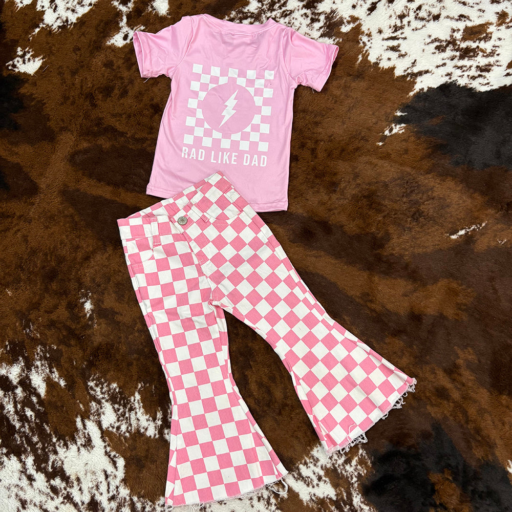 Western Rad Like Dad Shirt Pink Checkered Bell Bottom Jeans Sets