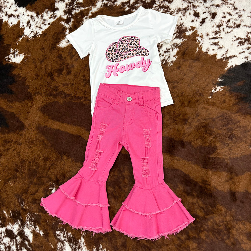 Western Howdy Shirt Pink Bell Bottom Jeans Sets