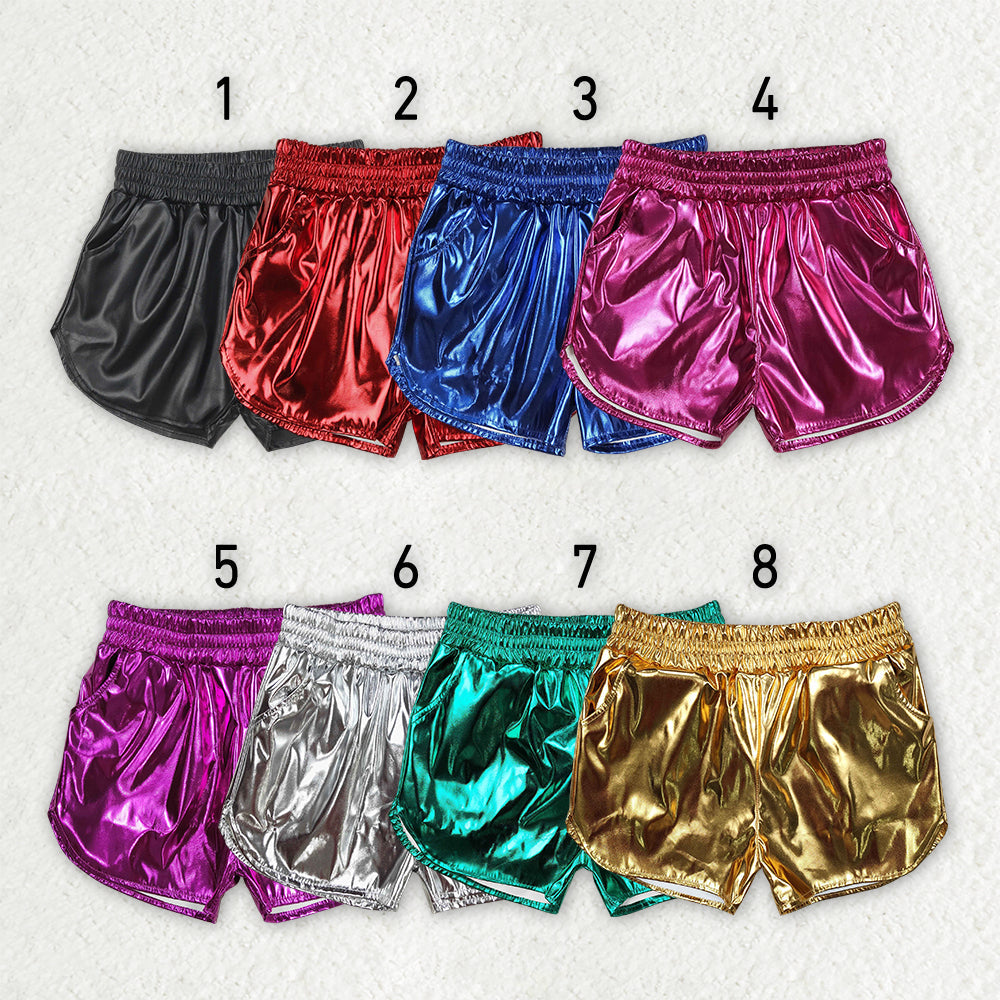 8 Colors Sibling Baby Girls Pockets Leather Metallic Elastic Bottom Shorts
