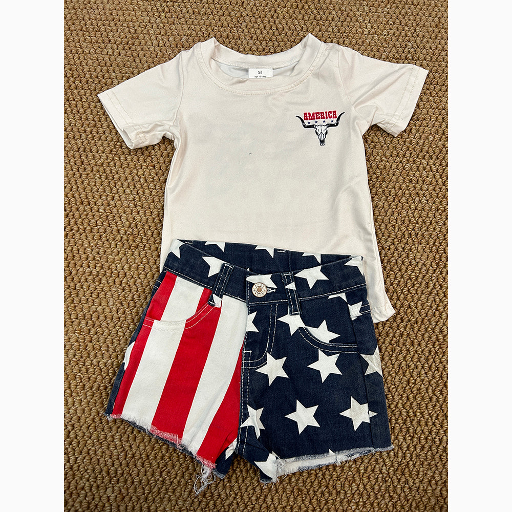 baby girl western 4th of july cow shirt denim shorts outfits sets