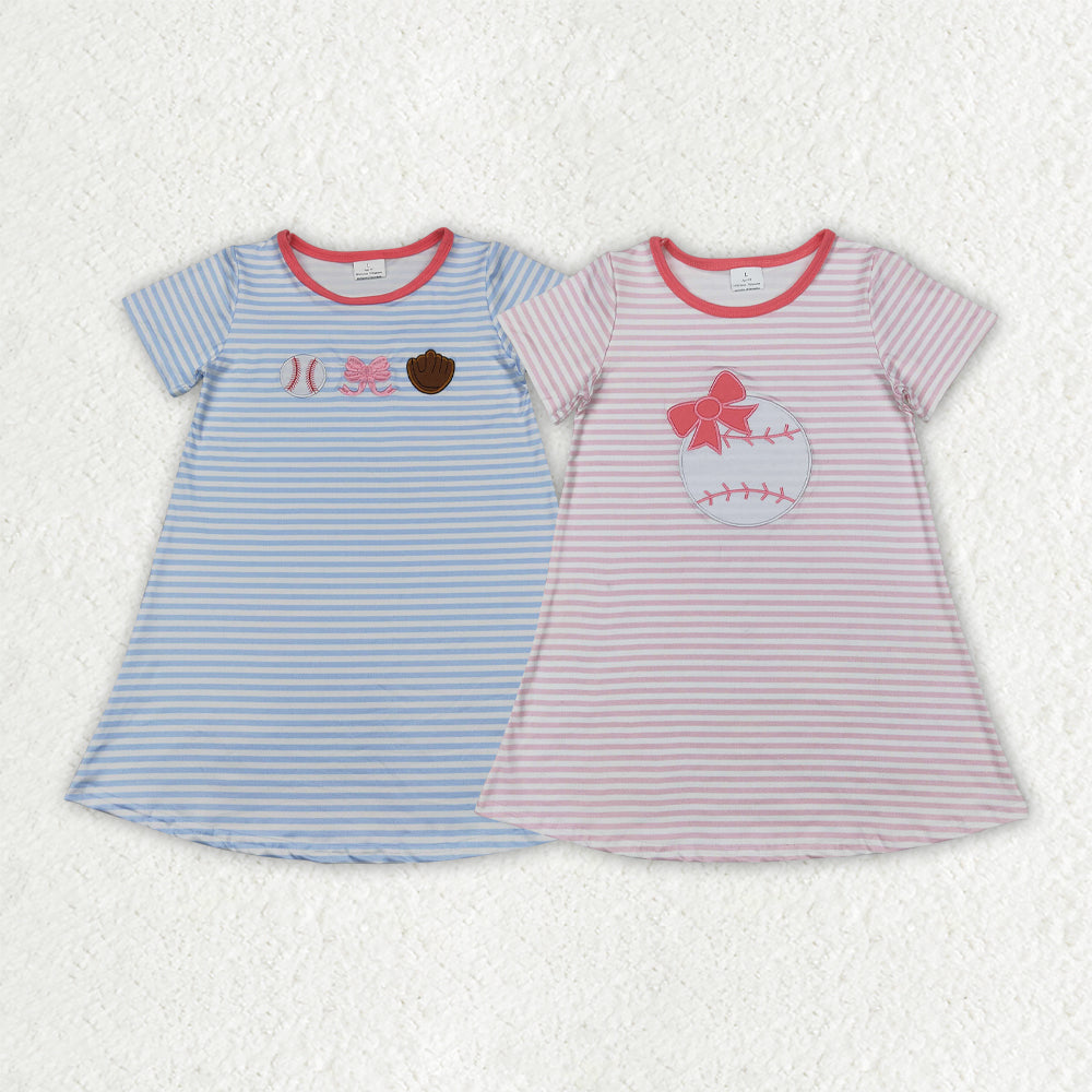 Sibling Embroidery Baby Girls Stripe Bows Baseball Knee Length Dresses